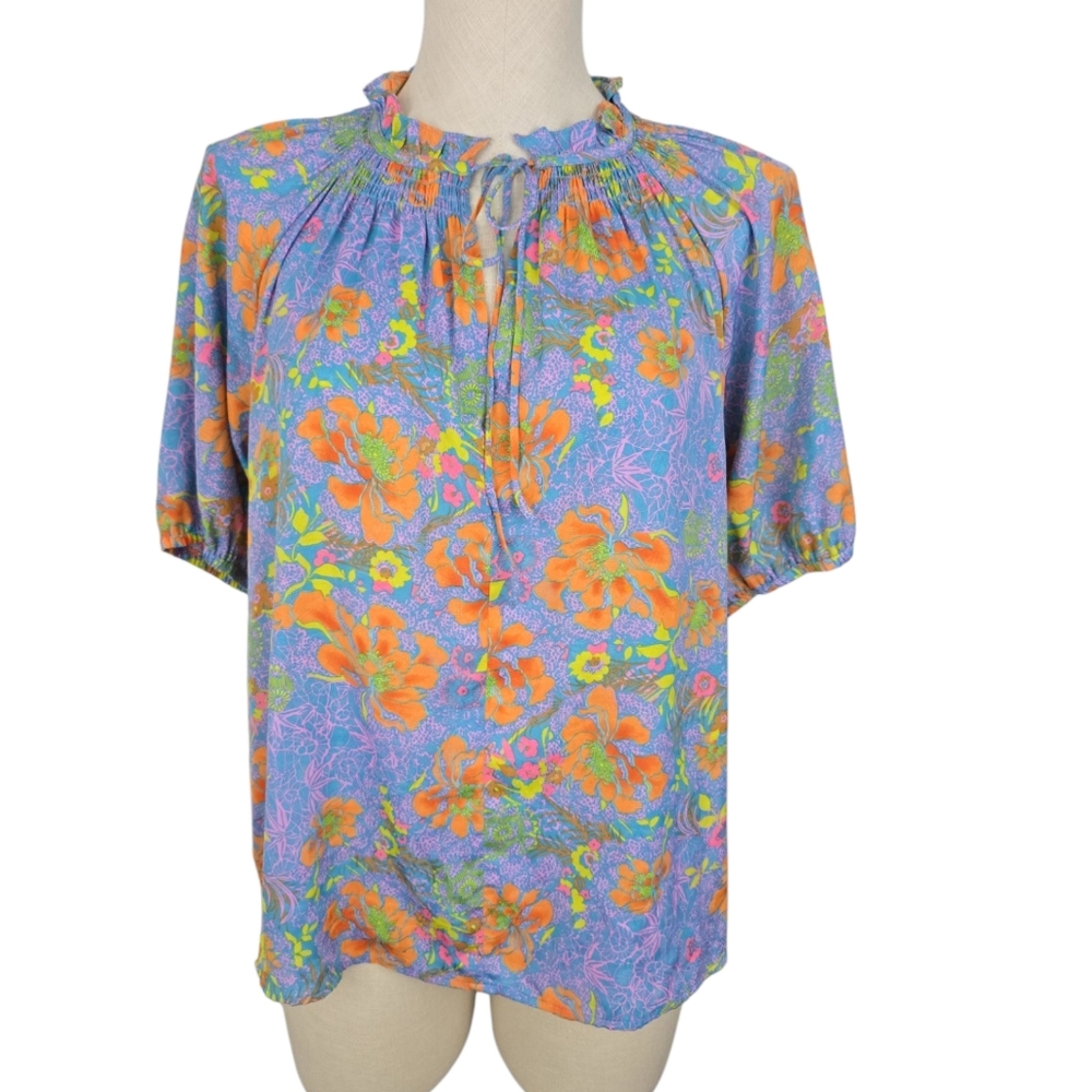 Current Air Floral Split Neck Top Blue/orange NWT Lightweight Tropical Sz Small